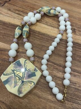 Vintage Japan  Handcrafted Porcelain Pendant Necklace With Matching Focal Beads